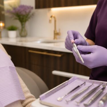 Dental hygienist preparing a patient for a professional cleaning and exam