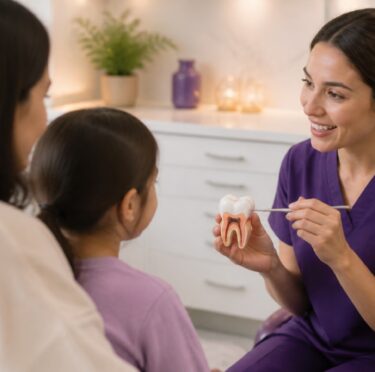 Dental professional discussing preventive sealants with a family in a modern clinic