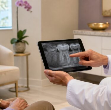 Dentist explaining root canal and tooth extraction options to a patient