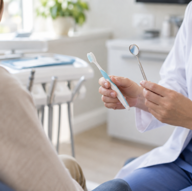 A dental professional shows an adult patient a soft-bristled toothbrush and mirror during a calm preventive consultation.