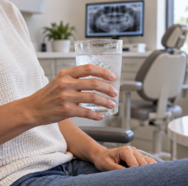 An adult patient holds a cold glass of water in a dental consultation room; only their hands and torso are visible.