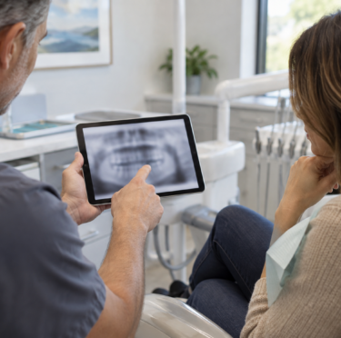 A dentist shows an adult patient a dental radiograph on a tablet during a consultation; neither face is visible.